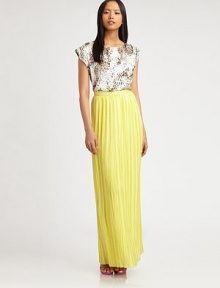 On-trend, floor-sweeping maxi skirt has allover pleats and an exposed back zipper. Back zipperAbout 45 from natural waist97% polyester/3% spandexDry cleanImportedModel shown is 5'10 (177cm) wearing US size 4. On-trend, floor-sweeping maxi skirt has allover pleats and an exposed back zipper. Back zipperAbout 45 from natural waist97% polyester/3% spandexDry cleanImportedModel shown is 5'10 (177cm) wearing US size 4.
