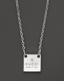 This sterling silver chain bears a Gucci trademark square pendant.