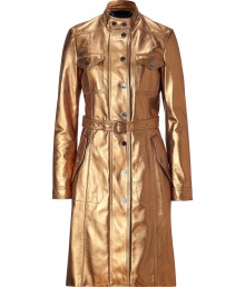 With a shimmer of vintage-effect gold leather and favorite moto-styling, Burberry Londons lambskin coat counts as a stunning luxe take on one of this seasons favorite trends - Short stand-up collar, long sleeves, buttoned front flap pockets, front button panel, belted waistline - Tailored fit - Wear with slim-fit trousers, a cashmere pullover and black leather accessories