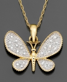 Beautiful and graceful, this diamond butterfly necklace features round-cut diamond (1/10 ct. t.w.) set in 14k white and yellow gold. Approximate length: 18 inches. Approximate drop: 1/2 inch. Beautiful and graceful, this diamond butterfly necklace features round-cut diamond (1/10 ct. t.w.) set in 14k white and yellow gold. Approximate length: 18 inches. Approximate drop: 1/2 inch.