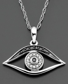 An evil eye pendant that gleams with drama. Features black and white round-cut diamonds (1/10 ct. t.w.) set in 14k white gold. Approximate length: 18 inches. Approximate drop length: 1/2 inch. Approximate drop width: 3/4 inch. An evil eye pendant that gleams with drama. Features black and white round-cut diamonds (1/10 ct. t.w.) set in 14k white gold. Approximate length: 18 inches. Approximate drop length: 1/2 inch. Approximate drop width: 3/4 inch.