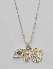 Three traditional protective amulets - the hamsa, the evil eye and the sacred om - dazzle in pavé diamonds with sapphire accents as they dangle from a 14k yellow gold ball chain. Diamonds, 0.38 tcw Blue sapphires 14k yellow gold Chain length, about 16 Pendants, about ¾L X ¾W each Lobster clasp Imported Three traditional protective amulets - the hamsa, the evil eye and the sacred om - dazzle in pavé diamonds with sapphire accents as they dangle from a 14k yellow gold ball chain. Diamonds, 0.38 tcw Blue sapphires 14k yellow gold Chain length, about 16 Pendants, about ¾L X ¾W each Lobster clasp Imported
