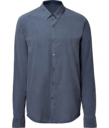 Stylish shirt made of fine, blue, washed cotton - Slim silhouette with small collar, placket and long sleeves - Rounded seam edges are casual yet chic - Wear with chinos, v-neck cardigan and slippers Stylish shirt made of fine, blue, washed cotton - Slim silhouette with small collar, placket and long sleeves - Rounded seam edges are casual yet chic - Wear with chinos, v-neck cardigan and slippers