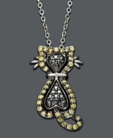 Go cat crazy with this fun feline. Crafted in sterling silver, this unique cat pendant features round-cut yellow diamonds (1/3 ct. t.w.) and black diamond accents. Approximate length: 18 inches. Approximate drop: 1/2 inch. Go cat crazy with this fun feline. Crafted in sterling silver, this unique cat pendant features round-cut yellow diamonds (1/3 ct. t.w.) and black diamond accents. Approximate length: 18 inches. Approximate drop: 1/2 inch.