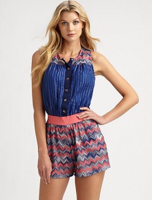 Featuring lively hues and the iconic Missoni look, a brilliant coverup with undeniable appeal.Round neckSleevelessButton frontSlash pocketsDrawstring waistBack yokeRayonDry cleanMade in Italy of imported fabric Featuring lively hues and the iconic Missoni look, a brilliant coverup with undeniable appeal.Round neckSleevelessButton frontSlash pocketsDrawstring waistBack yokeRayonDry cleanMade in Italy of imported fabric