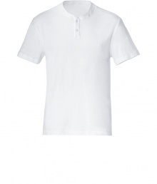 Classic white cotton shirt from the LA label James Perse - Extremely comfortable material - Traditional cut with a round neck, short button placket and short sleeves - Narrow and straight - Everyday basic is versatile - Looks great under a sweater and jacket, or solo with favorite jeans, chinos or corduroy