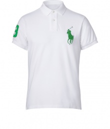 Detailed in breathable and durable cotton mesh, Ralph Laurens big pony polo is a cool modern take on this classic cut style - Small collar, button placket, short sleeves, oversized embroidered polo player at chest, number patch on sleeve, slit sides, high-low hemline - Classic fit - Wear with everything from jeans and sneakers to colored cords and loafers