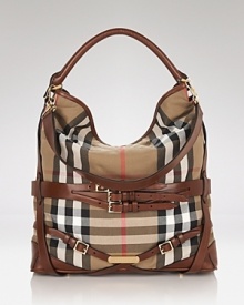 Work Burberry's classic check into your day-to-day look with this slouchy buckle-trimmed canvas hobo. Play up the contemporary edge by teaming it with spray-on leather and a slouchy knits. Work Burberry's classic check into your day-to-day look with this slouchy buckle-trimmed canvas hobo. Play up the contemporary edge by teaming it with spray-on leather and a slouchy knits.