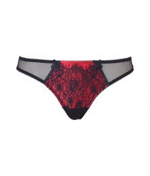 Get the sultry glamorous look of a vintage pin up girl in Von Follies by Dita Von Teeses black and luxury red 40s-inspired eyelash lace thong - Black stretch lace paneled front with slinky lightweight satin luxury red underlay, fishnet sides and back - Thong back - Wear with the matching balconette bra for a seriously seductive look Get the sultry glamorous look of a vintage pin up girl in Von Follies by Dita Von Teeses black and luxury red 40s-inspired eyelash lace thong - Black stretch lace paneled front with slinky lightweight satin luxury red underlay, fishnet sides and back - Thong back - Wear with the matching balconette bra for a seriously seductive look