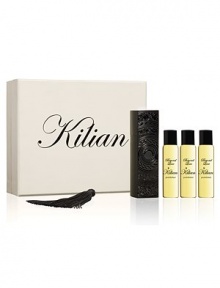 An incandescent tuberose, with narcotic charms. A travel spray for men and women. A magnetic object, literally. A monolith engraved with the Achilles' shield, signature of L'Oeuvre noire collection. As always, the travel spray is refillable, to travel with your favorite Killian fragrance. An incandescent tuberose, with narcotic charms. A travel spray for men and women. A magnetic object, literally. A monolith engraved with the Achilles' shield, signature of L'Oeuvre noire collection. As always, the travel spray is refillable, to travel with your favorite Killian fragrance.