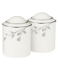 Birch branches grow around these pure white porcelain salt and pepper shakers from Noritake dinnerware. The dishes of this set turn formal tables into serene landscapes. The contemporary design is refined in polished platinum with a breezy, all-natural beauty. Birch branches grow around these pure white porcelain salt and pepper shakers from Noritake dinnerware. The dishes of this set turn formal tables into serene landscapes. The contemporary design is refined in polished platinum with a breezy, all-natural beauty.