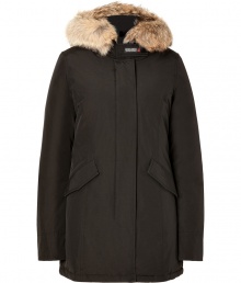Sporty down-filled in black coated cotton - Classic by cult-label Woolrich, this parka keeps you warm in sub-zero temperatures - Genuine goose-down - snow-tight coating - Cozy, fur-lined hood - Zipper with additional button catch - Sleeves with air-tight cuffs - Great, butt-covering length - Slim and waist-fitted, two lateral pockets - sporty shape - Dream-piece for life, once worn in winter you`ll never part from it again Sporty down-filled in black coated cotton - Classic by cult-label Woolrich, this parka keeps you warm in sub-zero temperatures - Genuine goose-down - snow-tight coating - Cozy, fur-lined hood - Zipper with additional button catch - Sleeves with air-tight cuffs - Great, butt-covering length - Slim and waist-fitted, two lateral pockets - sporty shape - Dream-piece for life, once worn in winter you`ll never part from it again