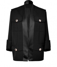 Invest in signature Balmain style with this exquisitely detailed open jacket, tailored to perfection with an immaculate contemporary cut - Satin shawl collar, open front, 3/4 sleeves, buttoned tabbed cuffs, buttoned flap pockets, sailor-style rain flap - Oversized boxy fit - Team with everything from knits and edgy leather leggings to tailored dresses and slick ankle boots Invest in signature Balmain style with this exquisitely detailed open jacket, tailored to perfection with an immaculate contemporary cut - Satin shawl collar, open front, 3/4 sleeves, buttoned tabbed cuffs, buttoned flap pockets, sailor-style rain flap - Oversized boxy fit - Team with everything from knits and edgy leather leggings to tailored dresses and slick ankle boots