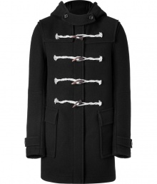 Luxurious coat of fine black wool - From hot Parisian label Balmain - Trendy duffle style, with toggle buttons made of horn - Straight cut, thigh length - With a hood, flap pockets and belted sleeves - Wonderfully warm and comfortable, great for fall and winter - Mix of luxurious, classic and sporty - An awesome acquisition for life - Fits virtually everything in your wardrobe, from jeans to corduroys Luxurious coat of fine black wool - From hot Parisian label Balmain - Trendy duffle style, with toggle buttons made of horn - Straight cut, thigh length - With a hood, flap pockets and belted sleeves - Wonderfully warm and comfortable, great for fall and winter - Mix of luxurious, classic and sporty - An awesome acquisition for life - Fits virtually everything in your wardrobe, from jeans to corduroys