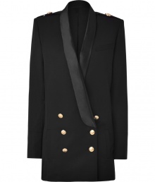 With chic military-inspired details and a trend-right silhouette, this tuxedo-styled blazer from Balmain will elevate any look - Straight satiny lapels, epaulets with gold-toned buttons, long sleeves, double-breasted front button placket, buttoned cuffs - Oversized long, slim fit - Wear with leather leggings, a bustier, and platform heels With chic military-inspired details and a trend-right silhouette, this tuxedo-styled blazer from Balmain will elevate any look - Straight satiny lapels, epaulets with gold-toned buttons, long sleeves, double-breasted front button placket, buttoned cuffs - Oversized long, slim fit - Wear with leather leggings, a bustier, and platform heels