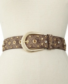 Get fierce with this gorgeous belt by GUESS! Featuring metal studs and rhinestone detail with a large, eye-catching buckle. Get fierce with this gorgeous belt by GUESS! Featuring metal studs and rhinestone detail with a large, eye-catching buckle.