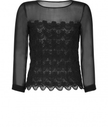 Elevate separates to be cocktail or black tie-ready with this elegant sheer chiffon top from Philosophy di Alberta Ferretti - Round neck, long sleeves, sheer with lace-detailed bodice detail - Pair with cropped skinny pants, statement platform pumps, and an embellished clutch Elevate separates to be cocktail or black tie-ready with this elegant sheer chiffon top from Philosophy di Alberta Ferretti - Round neck, long sleeves, sheer with lace-detailed bodice detail - Pair with cropped skinny pants, statement platform pumps, and an embellished clutch