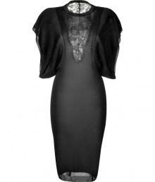 Cause a stir at cocktail hour in Emilio Puccis black silk knit dress, detailed with dramatic flutter sleeves and a lace back for glamorous results guaranteed to make an impact - Round neckline, flutter short sleeves, back lace panel, pull-over style - Form-fitting - Finish with sleek heels and a shimmering metallic box clutch