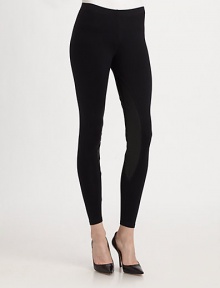 Faux leather patches give these ultra-comfy leggings a dose of equestrian-chic style. Elastic waistbandMedium rise, about 8Inseam, about 26Body: 86% nylon/14% spandexTrim: 65% cotton/31% polyester/4% elastaneDry cleanMade in USA of imported fabricModel shown is 5'10 (177cm) wearing US size Small.