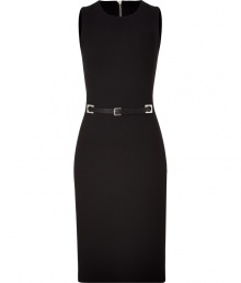 Sleek and sophisticated, this black virgin wool stretch dress conjures effortless elegance - Slim and streamlined, sleeveless cut -  Fitted bodice with round neck - Kick pleat and extra-long zip at rear - Leather and silver-tone metal belt cinches waist - Pencil-style skirt hits at knee - Pair with peep toe or platform pumps and a leather tote or clutch