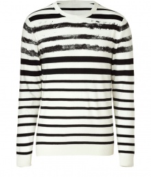 Stylish knit long sleeved cotton shirt - From eco-label Edun created by U2s Bono and his wife - Narrow, with slightly tampered - Round Neck with long sleeves - Distressed black and white stripes - Pair with designer jeans, chinos or pleated trousers Stylish knit long sleeved cotton shirt - From eco-label Edun created by U2s Bono and his wife - Narrow, with slightly tampered - Round Neck with long sleeves - Distressed black and white stripes - Pair with designer jeans, chinos or pleated trousers