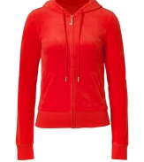 Paint color into your casual attire with this bright red velour hoodie from Juicy Couture - Hooded, front zip closure, long sleeves, split kangaroo pocket, slim fit - Pair with matching pants, favorite jeans, or mini-skirts