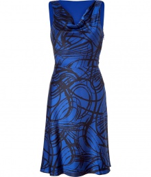 Stylish dress of fine royal blue silk -  Black abstract graphic pattern - Fashionable, sleeveless slim cut - Elastane provides slight stretch for flattering shape - Feminine cowl neckline - Slightly flared hem falls across the knee - Go-to dress for summer evening events - Pair with Mary Jane heels