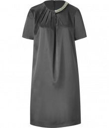 Inject effortlessly chic style to your cocktail-ready look with this crystal-detailed tunic dress from Steffen Schraut - Round neck with asymmetric pleating and crystal embellishment, short sleeves, relaxed silhouette, concealed back zip closure - Pair with a slim trench and high heel booties