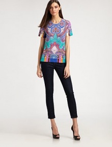 A kinetic, colorful paisley pattern dresses up this signature pull-on style.CrewneckShort sleevesVented hemline88% cotton/12% elastaneDry cleanMade in Italy of imported fabricModel shown is 5'11 (180cm) wearing US size 4 A kinetic, colorful paisley pattern dresses up this signature pull-on style.CrewneckShort sleevesVented hemline88% cotton/12% elastaneDry cleanMade in Italy of imported fabricModel shown is 5'11 (180cm) wearing US size 4