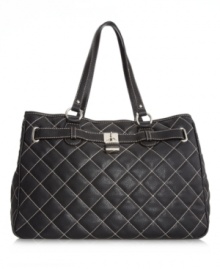 Quilted to perfection. Add a sophisticated appeal to your look with a gorgeous quilted shopper with room for all your necessities. This eye-catching design by Nine West features shiny silvertone hardware and a lock charm at front. Quilted to perfection. Add a sophisticated appeal to your look with a gorgeous quilted shopper with room for all your necessities. This eye-catching design by Nine West features shiny silvertone hardware and a lock charm at front.