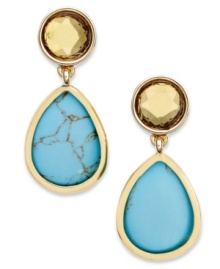 Much-needed splashes of color from Lauren Ralph Lauren. These standout double drop earrings feature genuine calcite blue turquoise and topaz glass accents. Clip-on backing for non-pierced ears. Set in 14k gold plated mixed metal. Approximate drop: 1 inch.