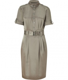 Utilitarian-chic styling gets an ultra feminine remix in Burberry Londons pebble silk sheath, tailored to perfection with soft pleating around the waistline - Small button-down collar, short sleeves with buttoned tabs, epaulettes, partial button-down front, belted waistline, belt loops, kick pleat, tailored fit - Pair with platform pumps and color-pop accessories