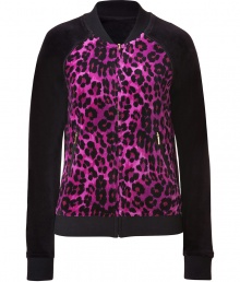 Finish off-duty looks on a wild note with Juicy Coutures animal print velour bomber jacket - Collarless, front zip closure, long sleeves, zippered slit pockets - Slim fit - Pair with velour pants, favorite jeans, or mini-skirts Finish off-duty looks on a wild note with Juicy Coutures animal print velour bomber jacket - Collarless, front zip closure, long sleeves, zippered slit pockets - Slim fit - Pair with velour pants, favorite jeans, or mini-skirts