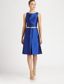 Lustrous shantung, tailored with a crisp, inverted front pleat and accented with a slender metallic belt.Jewel necklineSleevelessIncluded beltInverted front pleatConcealed back zipAbout 25 from natural waistWool/silkDry cleanMade in Italy of imported fabricModel shown is 5'10½ (179cm) wearing US size 4. Lustrous shantung, tailored with a crisp, inverted front pleat and accented with a slender metallic belt.Jewel necklineSleevelessIncluded beltInverted front pleatConcealed back zipAbout 25 from natural waistWool/silkDry cleanMade in Italy of imported fabricModel shown is 5'10½ (179cm) wearing US size 4.