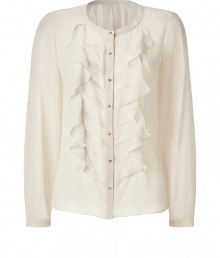 Stylish blouse in silk - In a cream color - Ladylike cut that looks elegant, festive, sophisticated - Long slim sleeves with small cuffs, round neckline, full length button panel, emphasized shoulders and decorative frilly bodice - Straight, short cut to the hip - Slightly sheer look - The blouse falls light and soft, is comfortable and pleasant to wear - Nice with slim skirts, classic trousers Stylish blouse in silk - In a cream color - Ladylike cut that looks elegant, festive, sophisticated - Long slim sleeves with small cuffs, round neckline, full length button panel, emphasized shoulders and decorative frilly bodice - Straight, short cut to the hip - Slightly sheer look - The blouse falls light and soft, is comfortable and pleasant to wear - Nice with slim skirts, classic trousers
