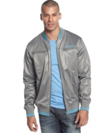 Sean John takes the track jacket into the fast lane: Zip up bomber style with striped ribbing and zip chest pockets. Sean John takes the track jacket into the fast lane: Zip up bomber style with striped ribbing and zip chest pockets.