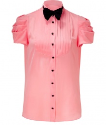 Quirky-cool candlelight peach silk top with tie from Moschino Cheap & Chic - Tuxedo details and a flattering, feminine silhouette make this better than your average blouse - Traditional tuxedo pleated front and contrasting black buttons - Puckered puff sleeves and bow-tie detail at neck -Pair with skinny trousers, a smoking jacket, and sky-high heels