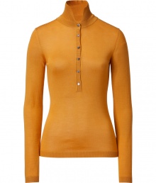 Luxurious sweater of cashmere-silk blend in elegant mustard-yellow hue - Slim cut with band collar, half placket and long, fitted sleeves - Pair with jeans, leather pants and pencil skirt