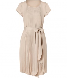 Unbelievably chic, this pleated dress brings high style to your workweek look - Round neck, cuffed cap sleeves, self-tie waist belt, front and back pleating - Style with platform sandals and a statement satchel