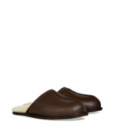 Lounge in comfort and style in these ultra-luxe shearling lined slippers from UGG Australia - Smooth leather upper, shearling lining, slip-on style - Pair with silk pajamas and a cozy robe