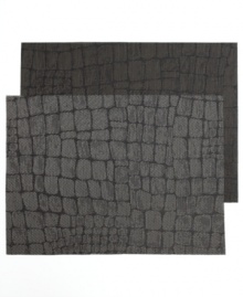 Get a little wild with reptile-inspired Croc placemats from Chilewich. A reversible design in vinyl-coated polyester is as bold and tough as its inspiration. Get a little wild with reptile-inspired Croc placemats from Chilewich. A reversible design in vinyl-coated polyester is as bold and tough as its inspiration.