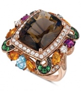 Illuminate your look with a spectrum of color. Le Vian's intricate ring combines cushion-cut smokey quartz (8-3/8 ct. t.w.), round-cut white topaz (1 ct. t.w.), round-cut tsavorite (1/5 ct. t.w.), oval-cut citrine (1-1/8 ct. t.w.), pear-cut blue topaz (3/4 ct. t.w.) and round-cut rhodolite (1/2 ct. t.w.). Set in 14k rose gold. Size 7.