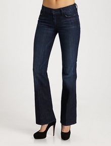 The famous 7 style with a mid rise waist and signature stitched back pockets.THE FITStraight waistband Standard bootcut proportion Rise, about 9 Inseam about 33¾THE DETAILSFront button and zip closure Belt loops Five-pocket style Italian cotton/spandex; machine wash Made in USA The famous 7 style with a mid rise waist and signature stitched back pockets.THE FITStraight waistband Standard bootcut proportion Rise, about 9 Inseam about 33¾THE DETAILSFront button and zip closure Belt loops Five-pocket style Italian cotton/spandex; machine wash Made in USA
