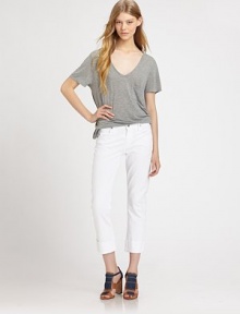 Crisp white denim, tailored with just a hint of stretch, cropped and cuffed for a look that's simply-chic.THE FITMid rise Straight leg Inseam, about 26THE DETAILSZip fly Button closure Five-pocket style 98% cotton/2% elastane Machine wash Made in USA of Italian fabric Crisp white denim, tailored with just a hint of stretch, cropped and cuffed for a look that's simply-chic.THE FITMid rise Straight leg Inseam, about 26THE DETAILSZip fly Button closure Five-pocket style 98% cotton/2% elastane Machine wash Made in USA of Italian fabric