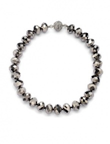 THE LOOKSingle strand of chunky, hematite-color faceted beadsRhinestone sphere screw claspTHE FITLength, about 16½THE MATERIALRhodium-look platingResin beadsGlass rhinestonesORIGINImported THE LOOKSingle strand of chunky, hematite-color faceted beadsRhinestone sphere screw claspTHE FITLength, about 16½THE MATERIALRhodium-look platingResin beadsGlass rhinestonesORIGINImported