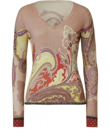 Perennially elegant paisley gets a graphic, color-infused kick with Etros silk and cashmere pullover - Classically chic in a muted pink with bold splashes of orange, yellow and purple - Long, fitted sleeves with decorative contrast trim and flattering v-neck - Slim silhouette tapers through waist - Versatile and sophisticated, seamlessly transitions from work to weekend - Pair with streamlined cigarette pants, skinny denim, pencil skirts and cropped trousers Perennially elegant paisley gets a graphic, color-infused kick with Etros silk and cashmere pullover - Classically chic in a muted pink with bold splashes of orange, yellow and purple - Long, fitted sleeves with decorative contrast trim and flattering v-neck - Slim silhouette tapers through waist - Versatile and sophisticated, seamlessly transitions from work to weekend - Pair with streamlined cigarette pants, skinny denim, pencil skirts and cropped trousers