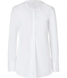 With its pristine look modern collarless neckline, Brunello Cucinellis long sleeve shirt is a sleek choice for pairing with slim fit separates - Collarless, long sleeves, buttoned cuffs, partial hidden front button panel, shirttail hemline - Loosely tailored fit - Wear with slim-fit separates, a luxe cashmere knit and ankle boots With its pristine look modern collarless neckline, Brunello Cucinellis long sleeve shirt is a sleek choice for pairing with slim fit separates - Collarless, long sleeves, buttoned cuffs, partial hidden front button panel, shirttail hemline - Loosely tailored fit - Wear with slim-fit separates, a luxe cashmere knit and ankle boots