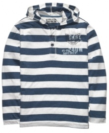 With a striped henley style, this hoodie from DKNY Jeans combines the best of two cool casual looks. With a striped henley style, this hoodie from DKNY Jeans combines the best of two cool casual looks.