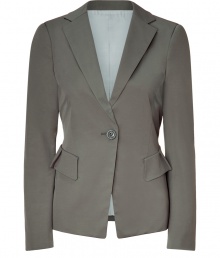 Gorgeous blazer in fine grey-green nylon stretch cotton - Modern cut, fitted with deep lapels and elegant one-button front - Feminine flap pockets with decorative fold - Favorite piece for business or play - Try with skinny black jeans, textured tank and heels or with smart trousers and kitten heels