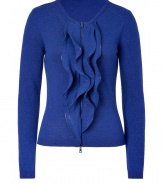 A contemporary take on lady-chic, Moschino C&Cs zipper trimmed cardigan is a sartorially sweet choice, tailored to all season sophistication - Rounded neckline, long sleeves, ruffled front with zipper trim, two-way front zip, fine ribbed trim - Fitted - Wear with everything from tees and leather leggings to pencil skirts and heels
